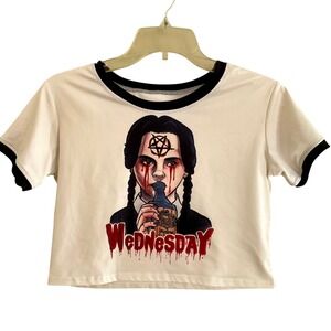 Wednesday Addams Goth Graphic Ringer‎ Crop Top White Black Size L Witchy Punk
